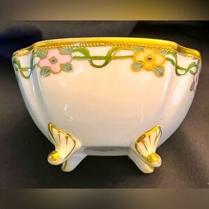 Nippon Hand Painted Floral w 22KT Gold Trim Footed Antique Rare Trinket Dish